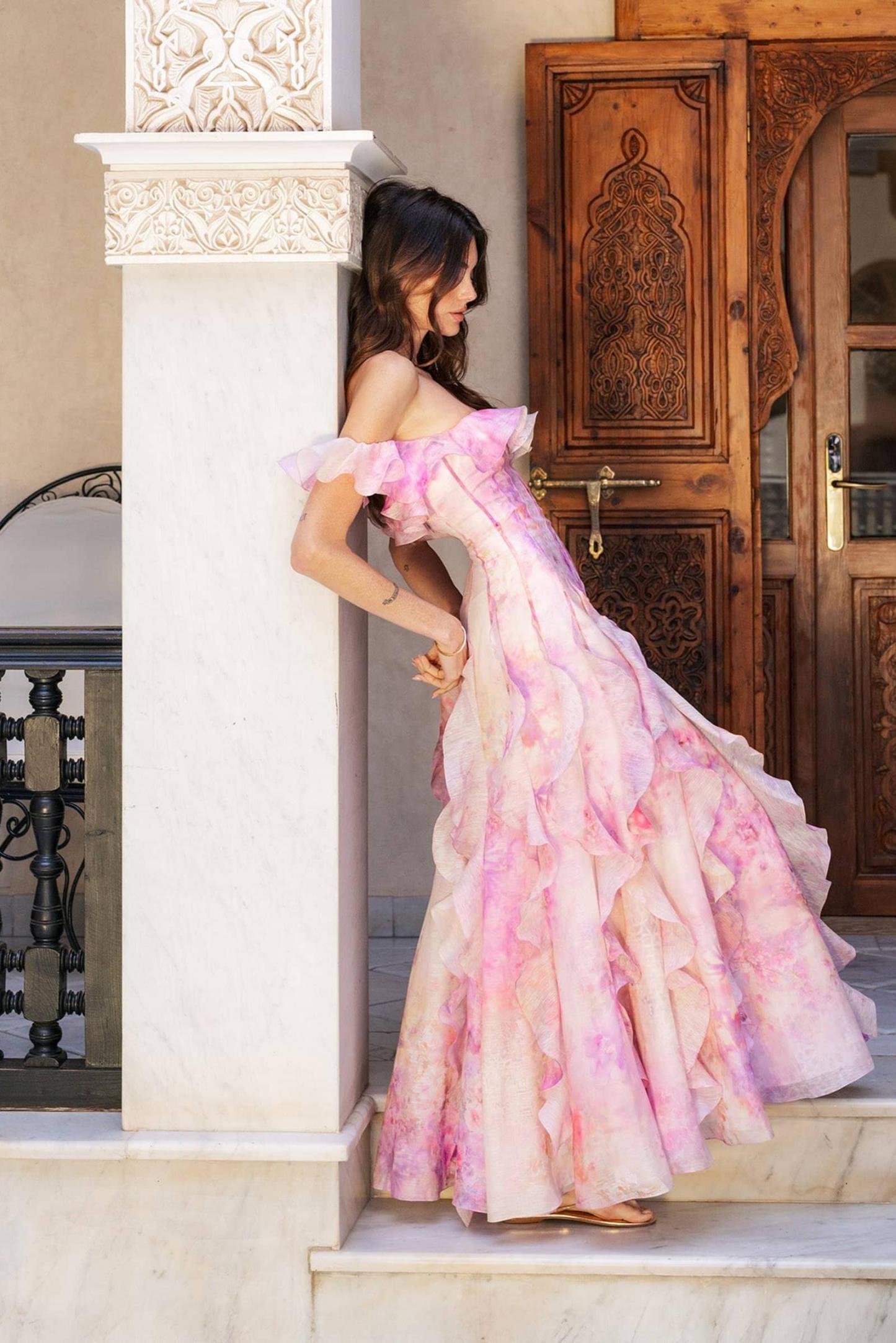 Floral Frill Off-Shoulder Maxi Dress – JardinVue