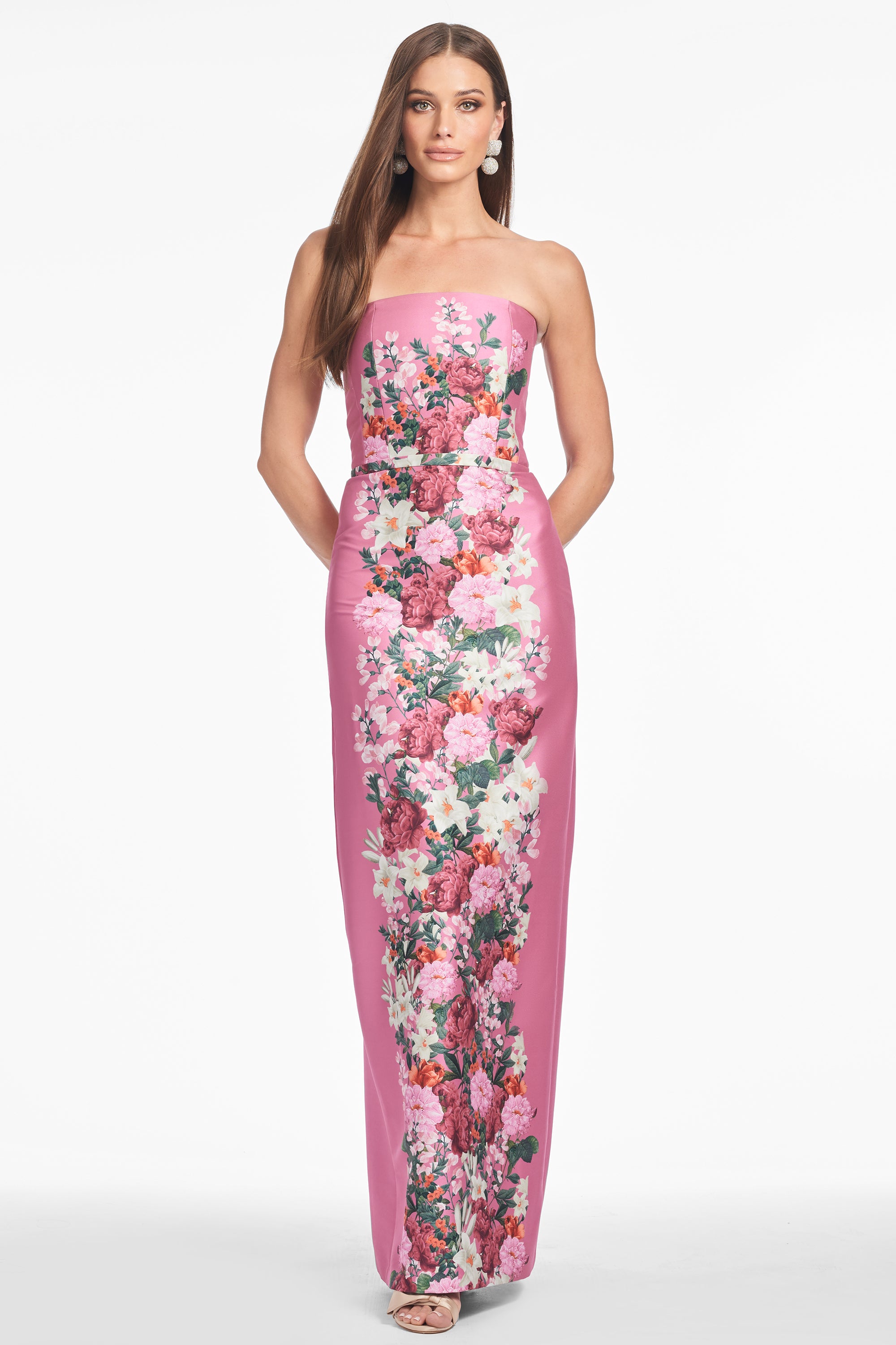 Satin Floral Strapless Maxi Dress