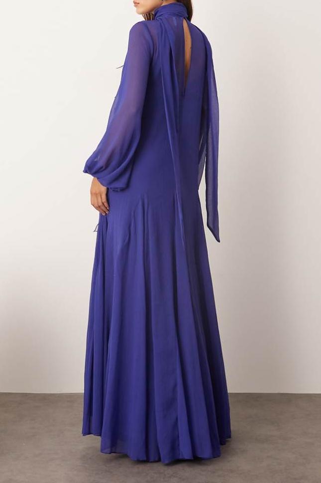Embroidered Chiffon Lantern Sleeve Maxi Dress