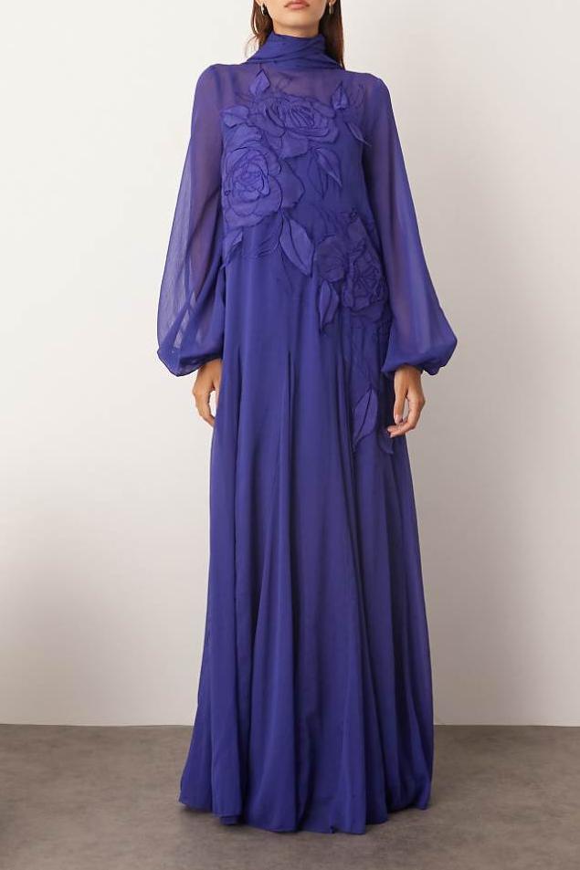 Embroidered Chiffon Lantern Sleeve Maxi Dress