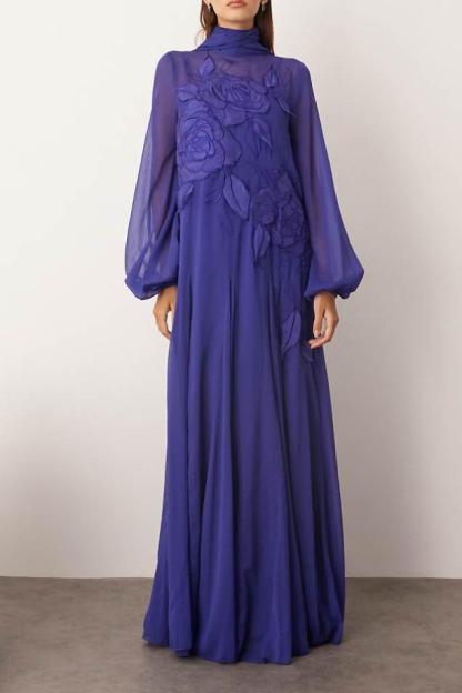 Embroidered Chiffon Lantern Sleeve Maxi Dress