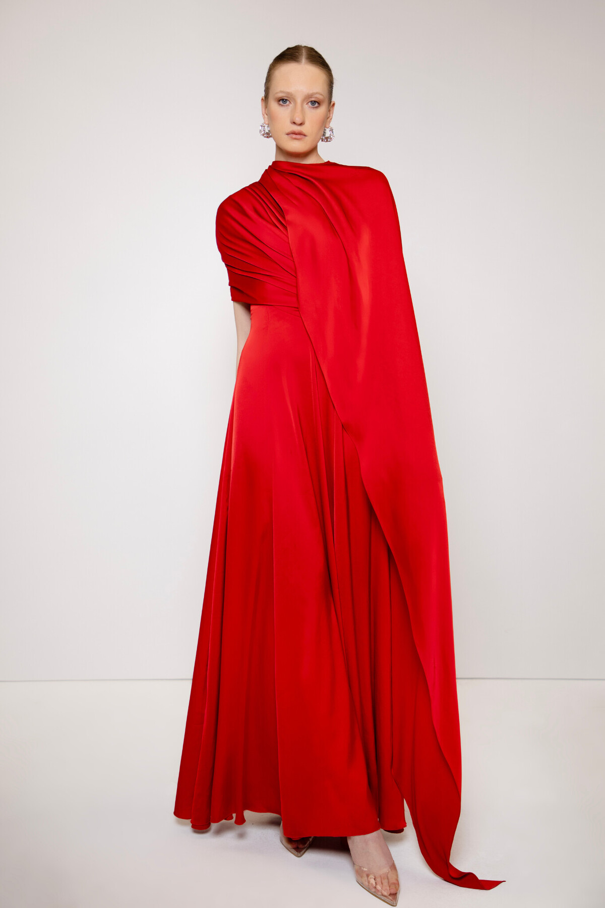 Satin Gathering Asymmetrical Sleeve Maxi Dress