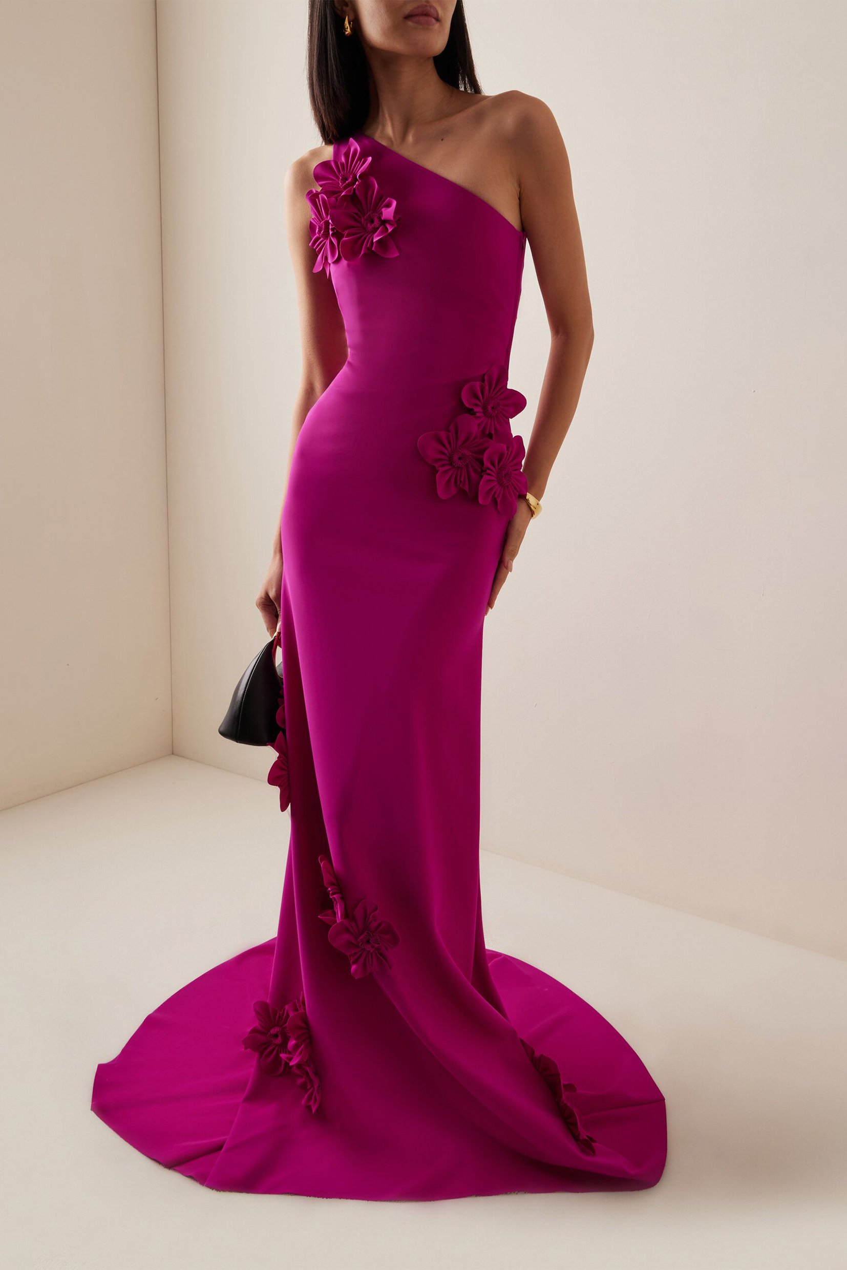 Satin 3D Flower Skew Collar Maxi Dress