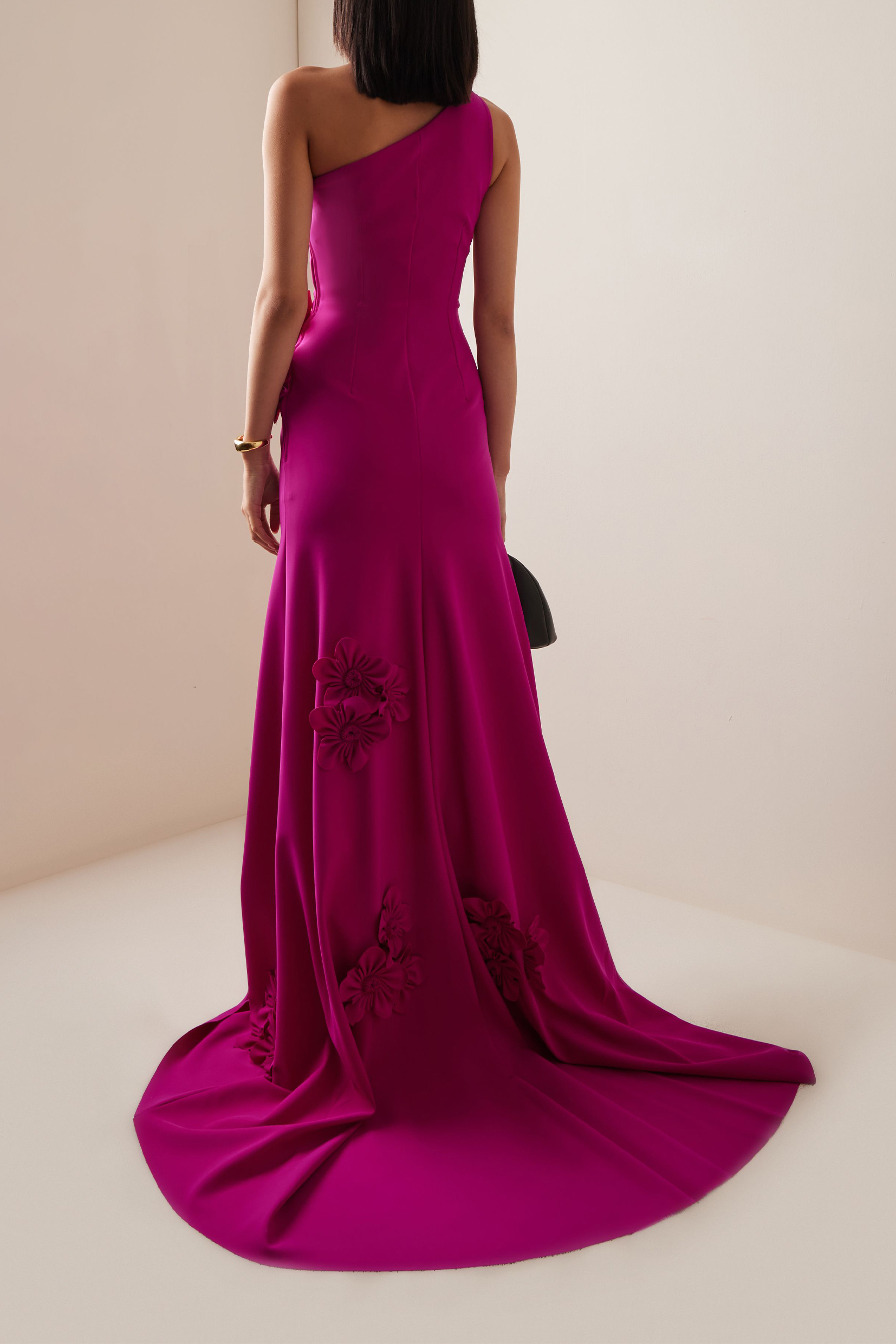 Satin 3D Flower Skew Collar Maxi Dress