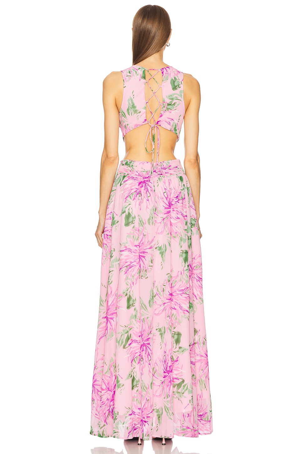 Floral Pleated Lace Up Maxi Dress