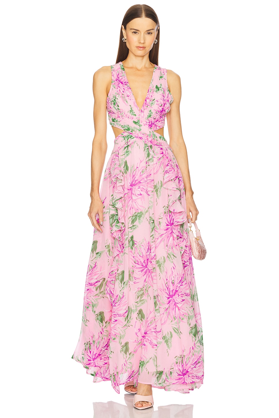 Floral Pleated Lace Up Maxi Dress