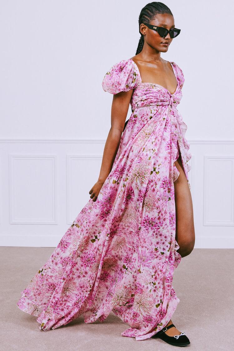Floral Puff Sleeve Ruffle Maxi Dress