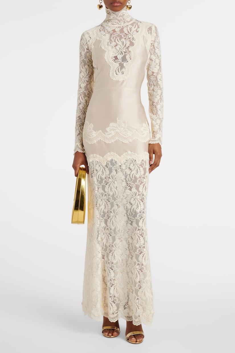 Lace Splicing Satin High Neck Maxi Dress