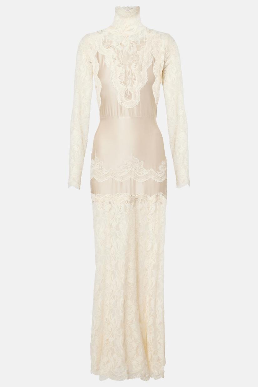 Lace Splicing Satin High Neck Maxi Dress