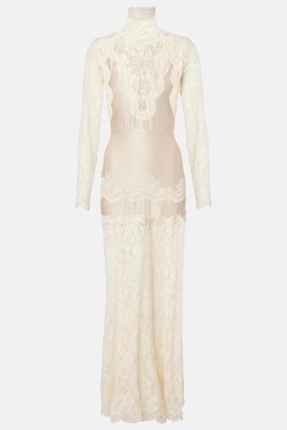 Lace Splicing Satin High Neck Maxi Dress