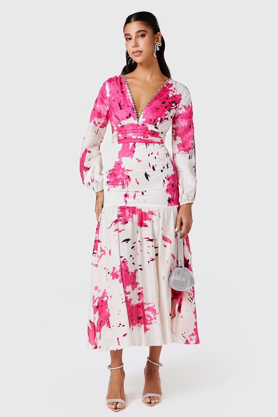 Floral Rhinestone V-Neck Midi Dress