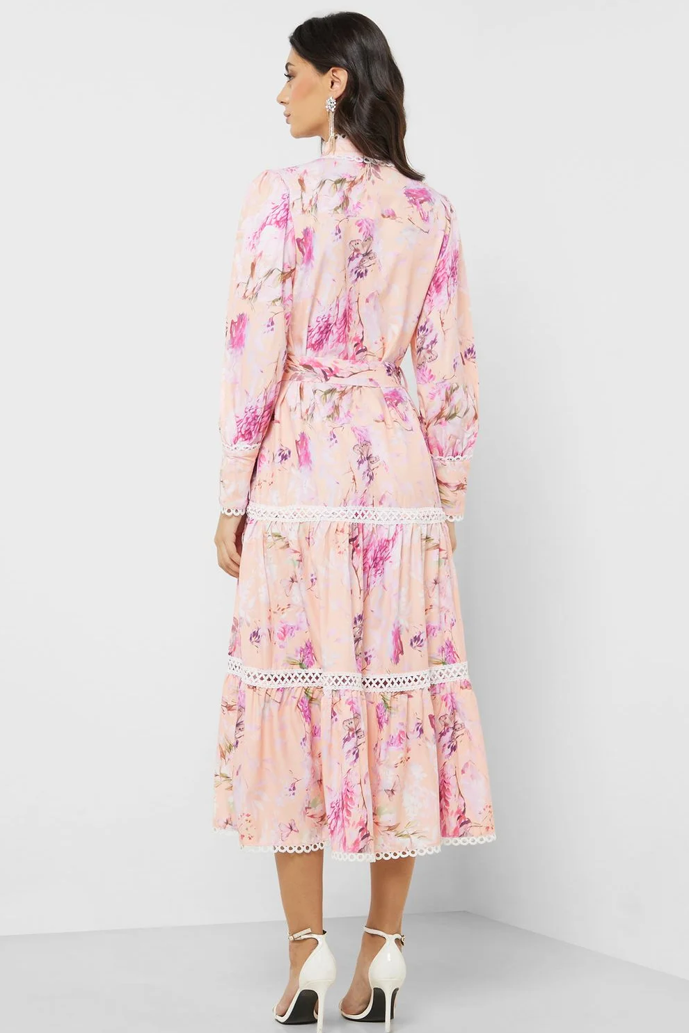 Floral Lace Edge Long Sleeve Midi Dress