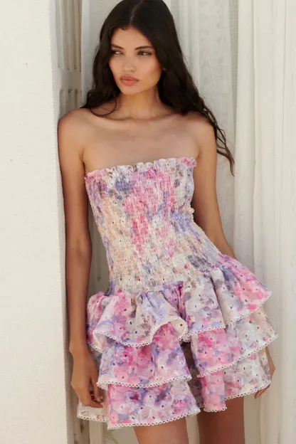 Floral Lace Ruffle Strapless Mini Dress