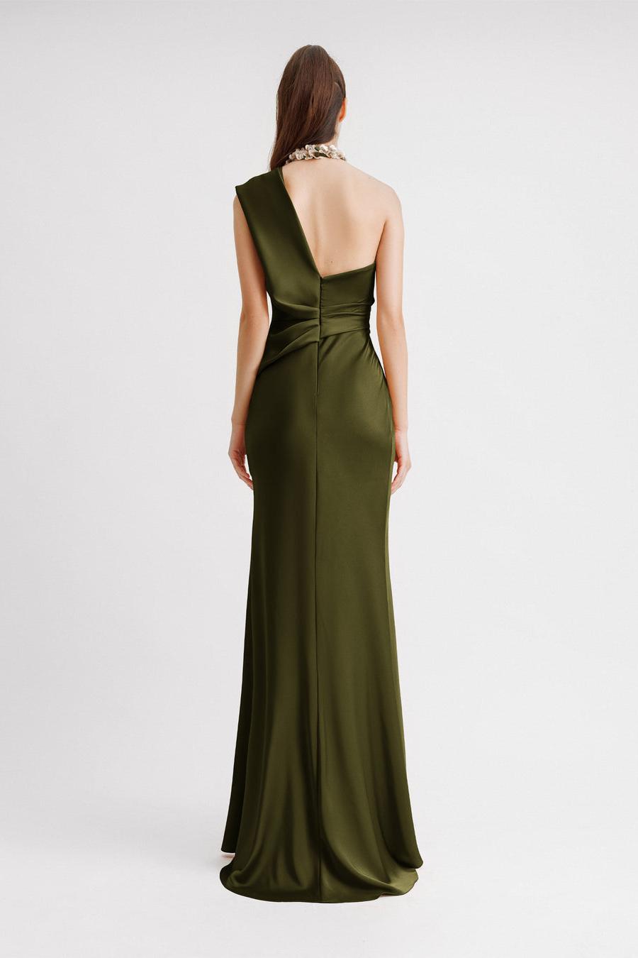 Satin Skew Collar Split Maxi Dress