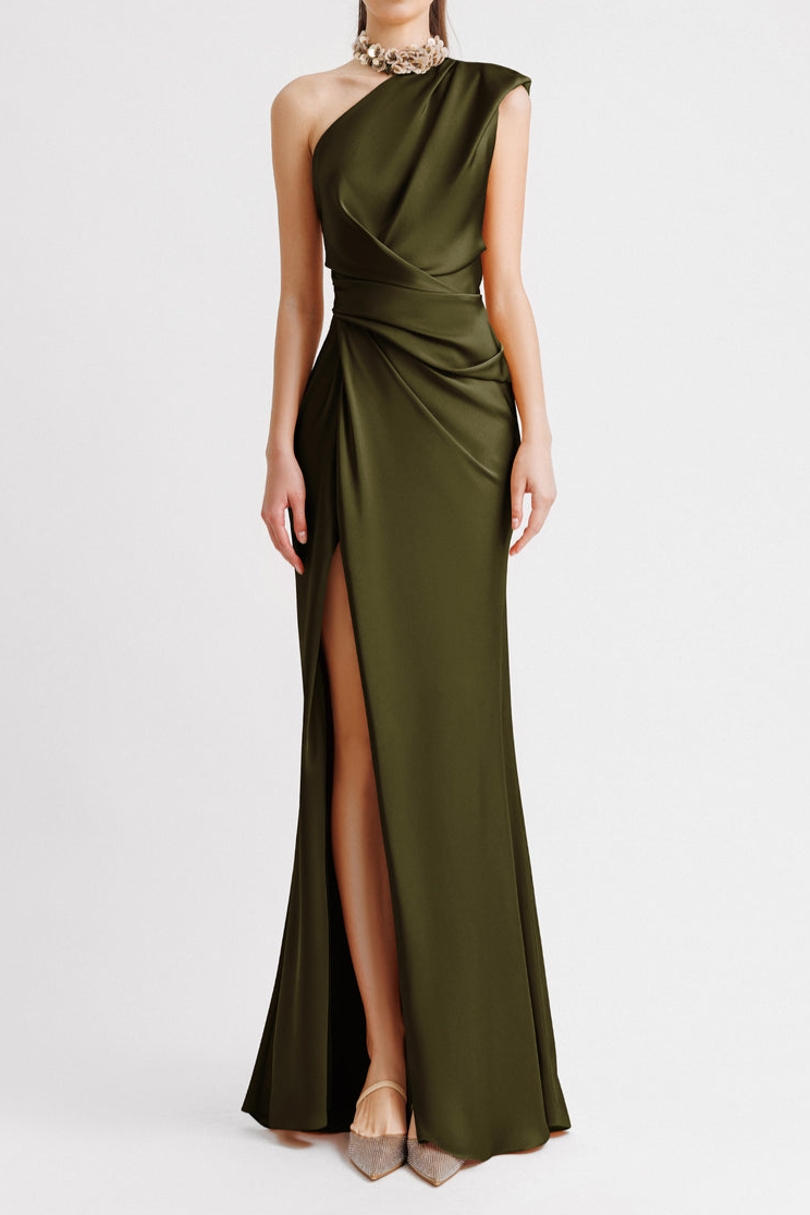 Satin Skew Collar Split Maxi Dress