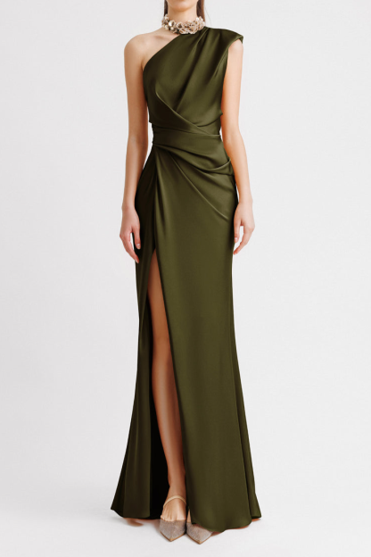 Satin Skew Collar Split Maxi Dress