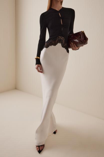 Jersey Splicing Lace Satin Maxi Dress