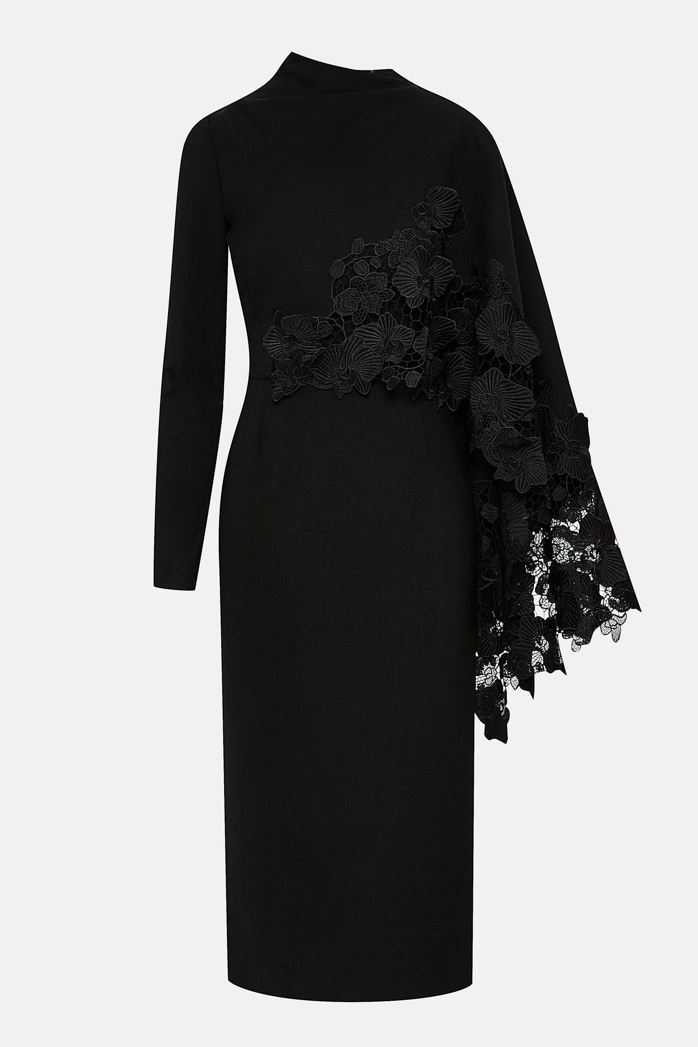 Embroidered Cape Sleeve Asymmetrical Neck Midi Dress