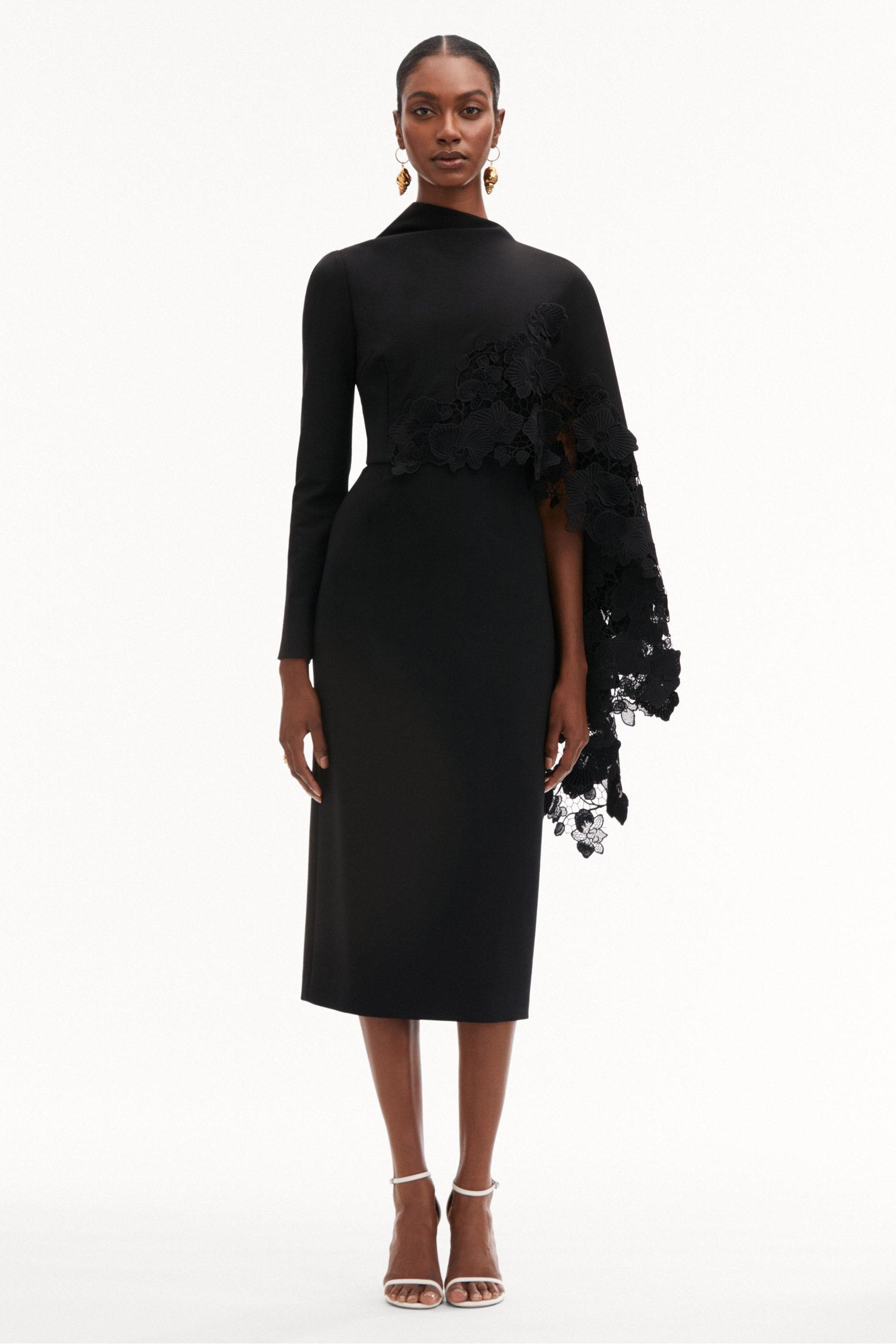 Embroidered Cape Sleeve Asymmetrical Neck Midi Dress