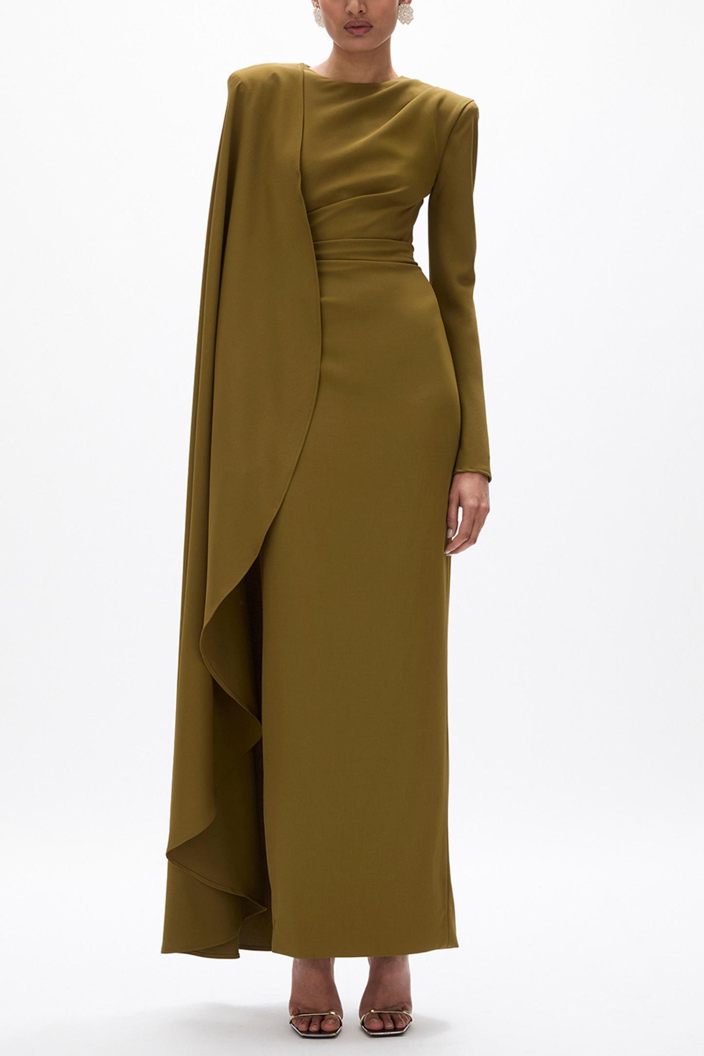 Pleated Round Neck Cape Maxi Dress