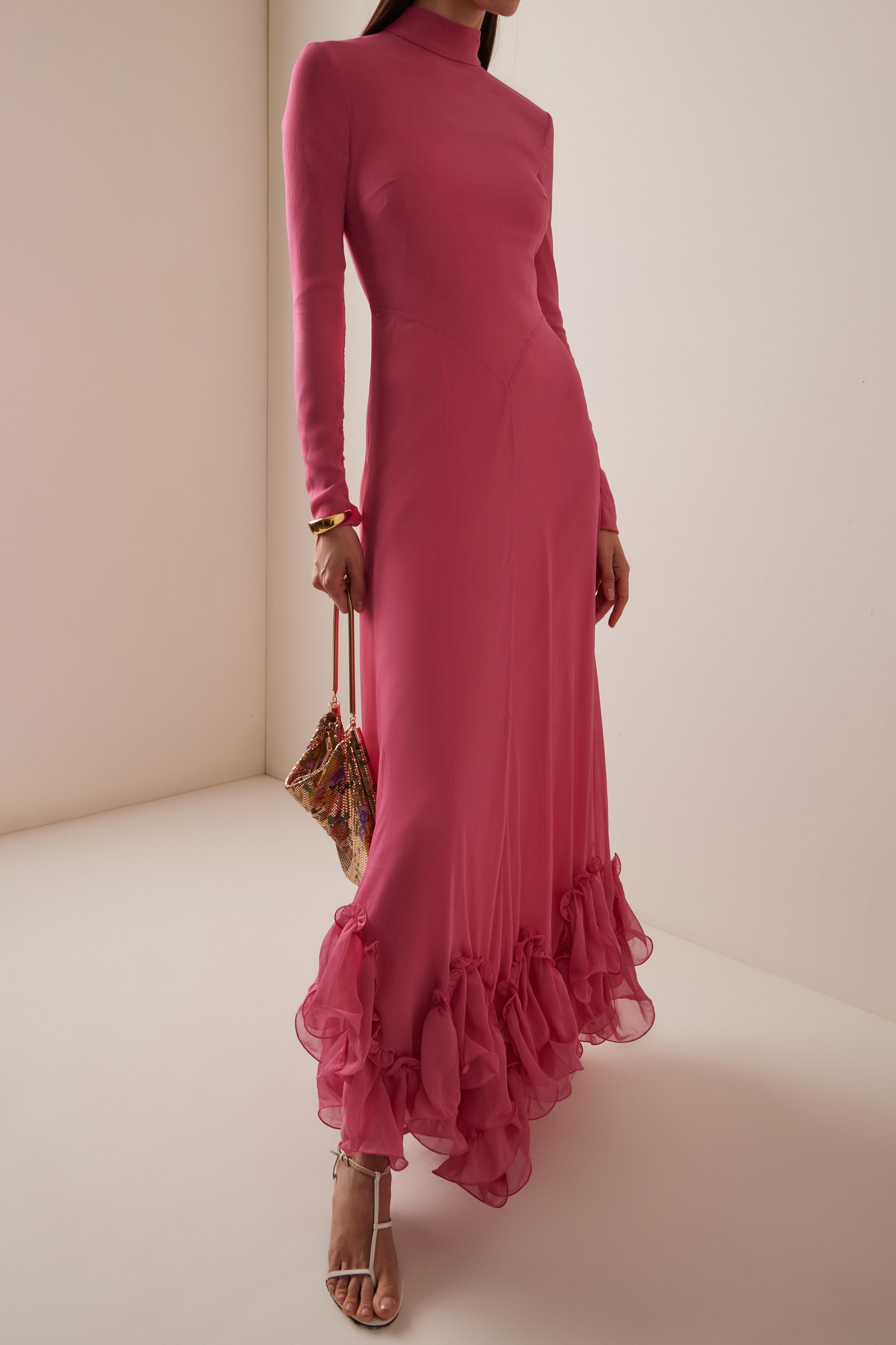 Ruffle Chiffon High Neck Maxi Dress