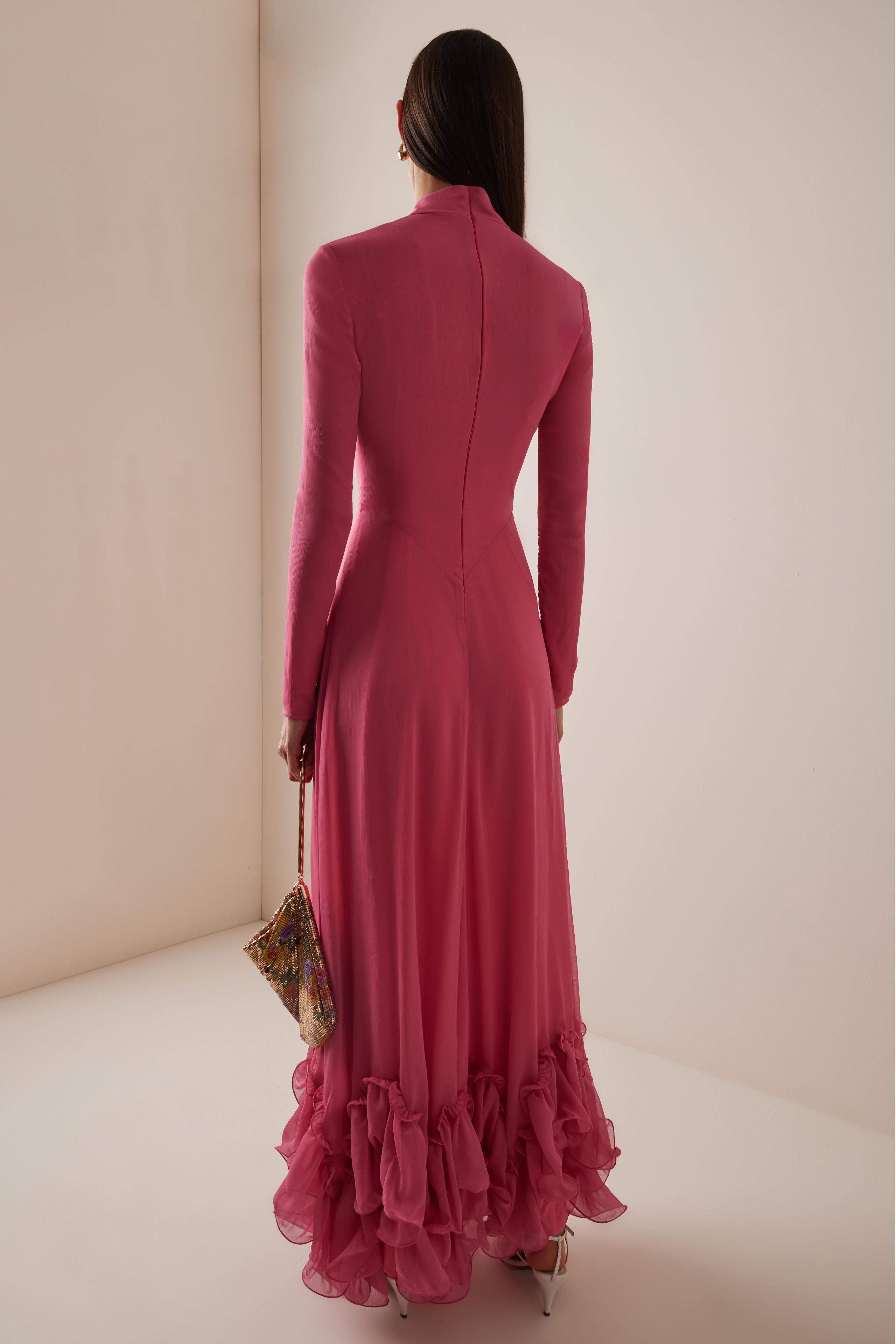 Ruffle Chiffon High Neck Maxi Dress