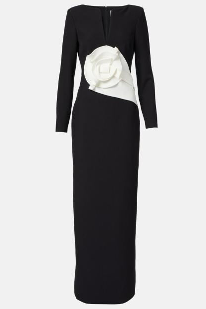 3D Flower Solid Long Sleeve Maxi Dress