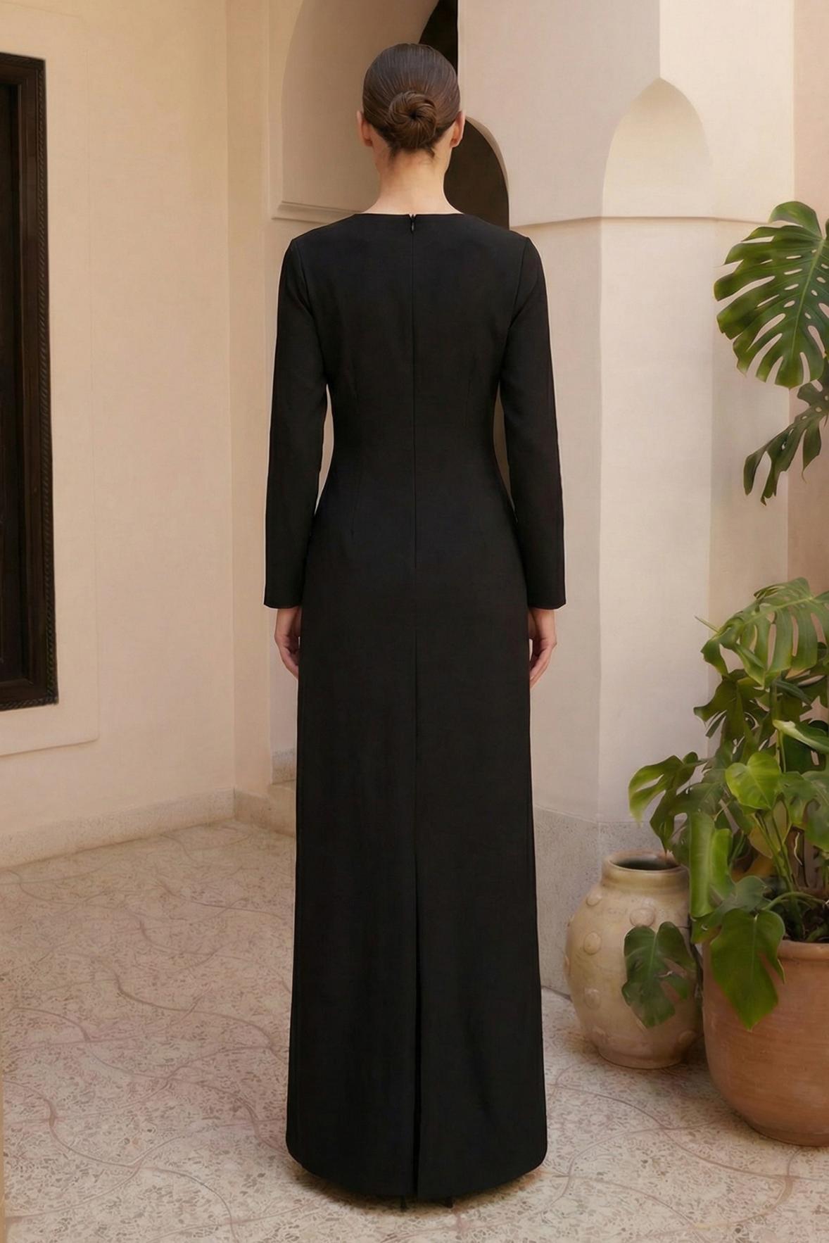 3D Flower Solid Long Sleeve Maxi Dress