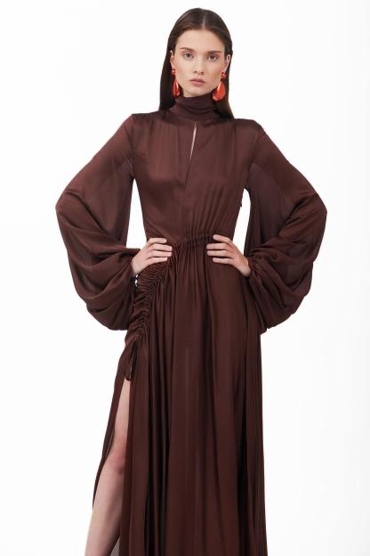 Satin Shirring Lantern Sleeve Maxi Dress