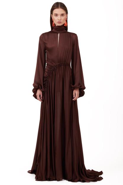 Satin Shirring Lantern Sleeve Maxi Dress