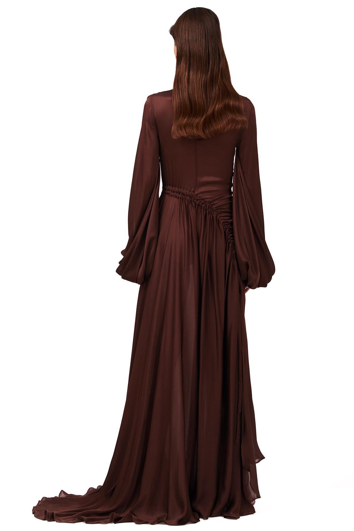 Satin Shirring Lantern Sleeve Maxi Dress