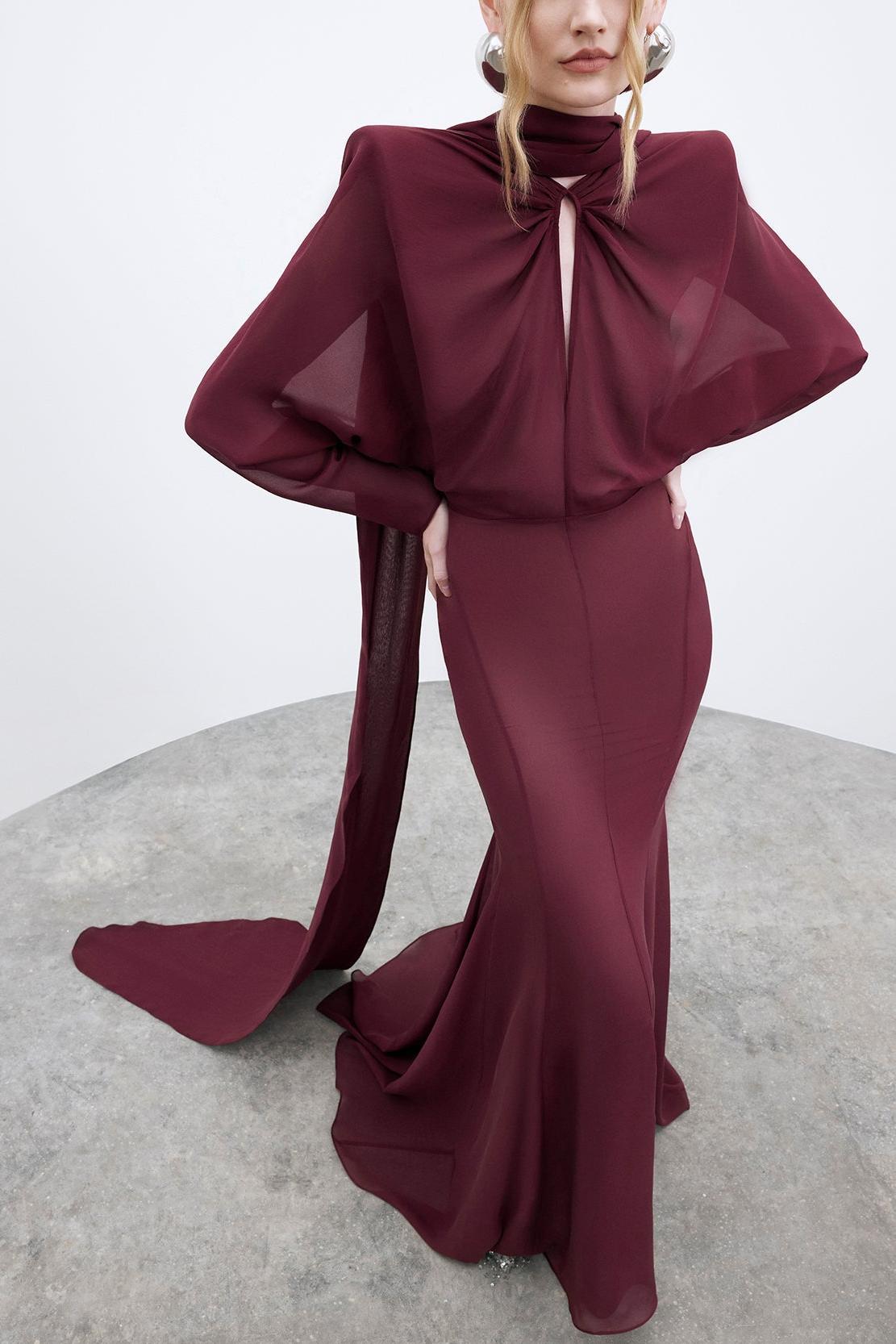 Chiffon Knotted Maxi Dress With Scarf