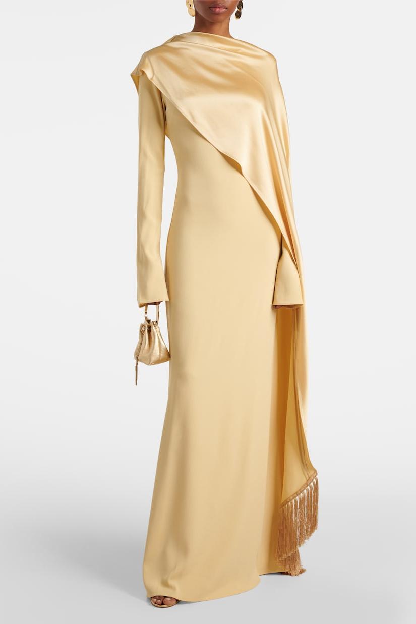 Solid Long Sleeve Maxi Dress With Tassel Cape