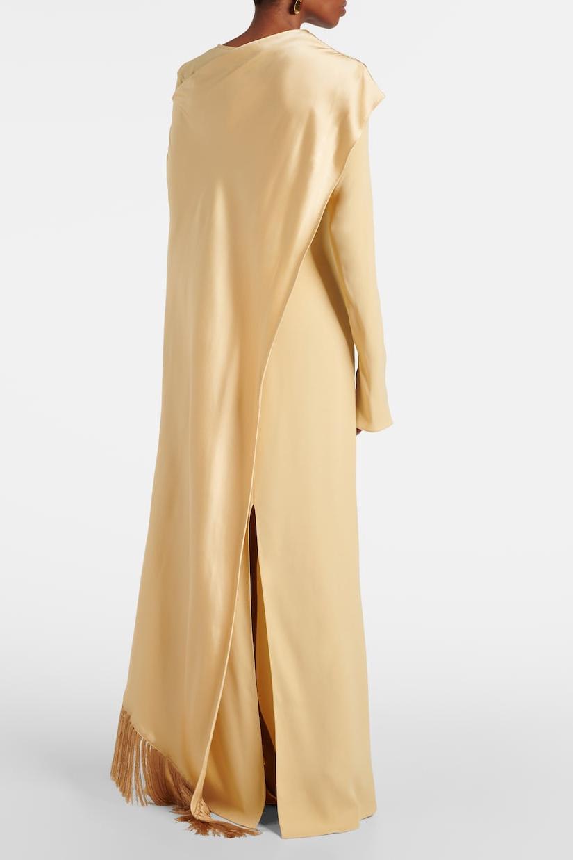 Satin Cape Sleeve Tassel Maxi Dress