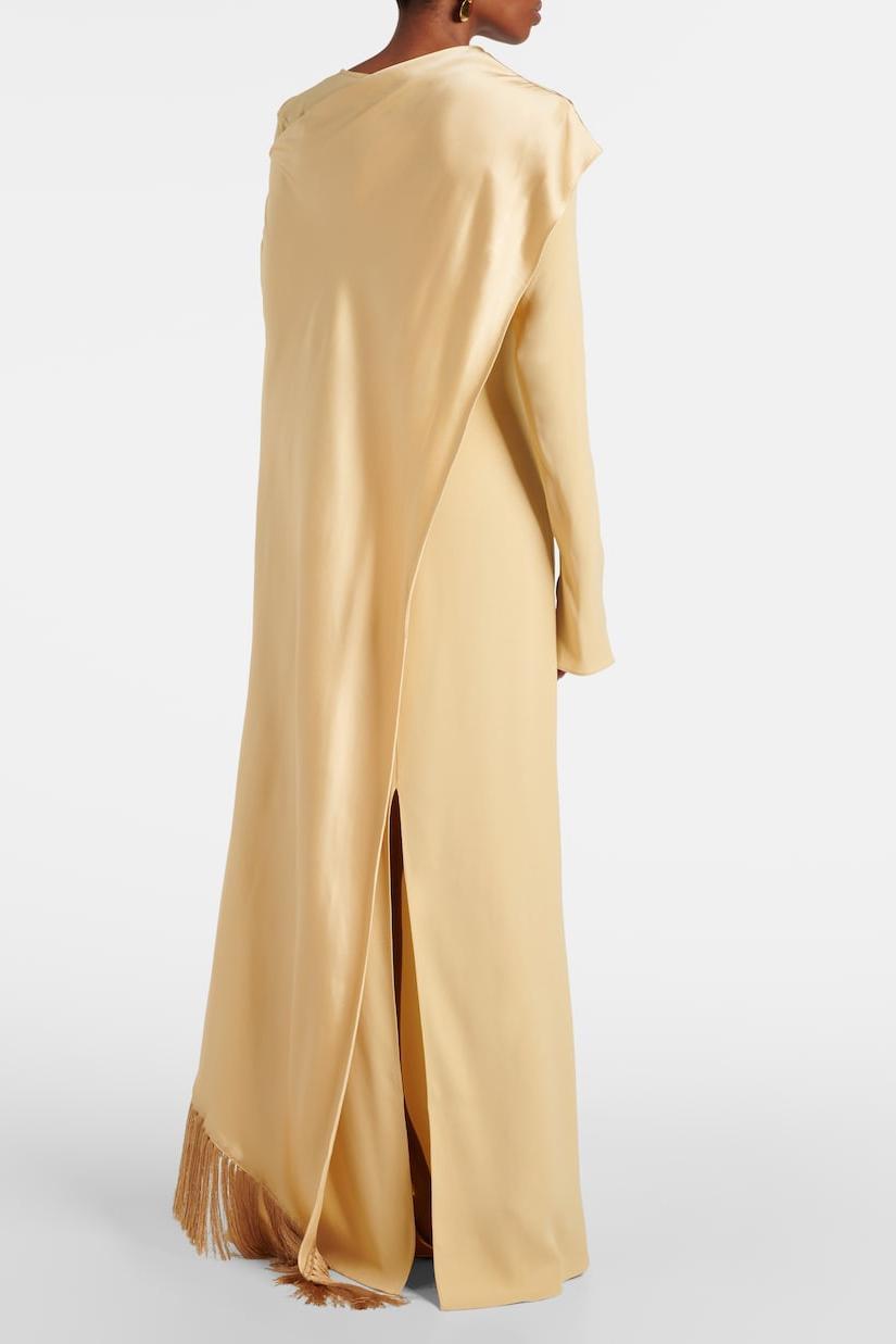Satin Cape Sleeve Tassel Maxi Dress