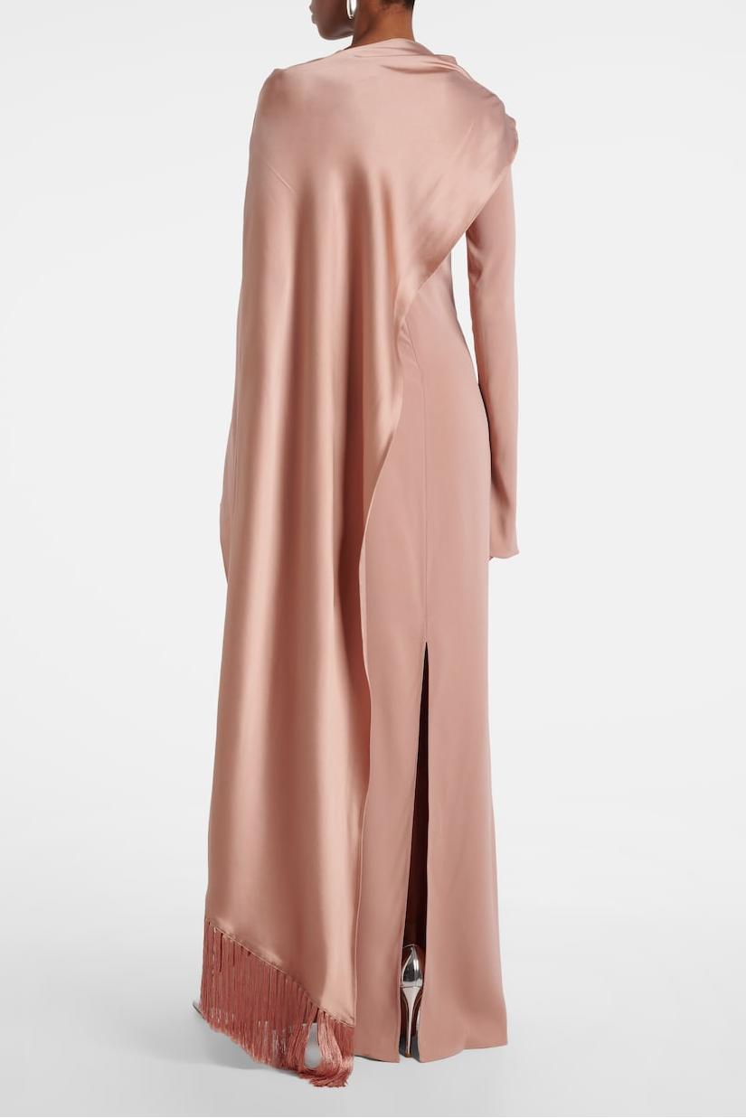 Satin Cape Sleeve Tassel Maxi Dress