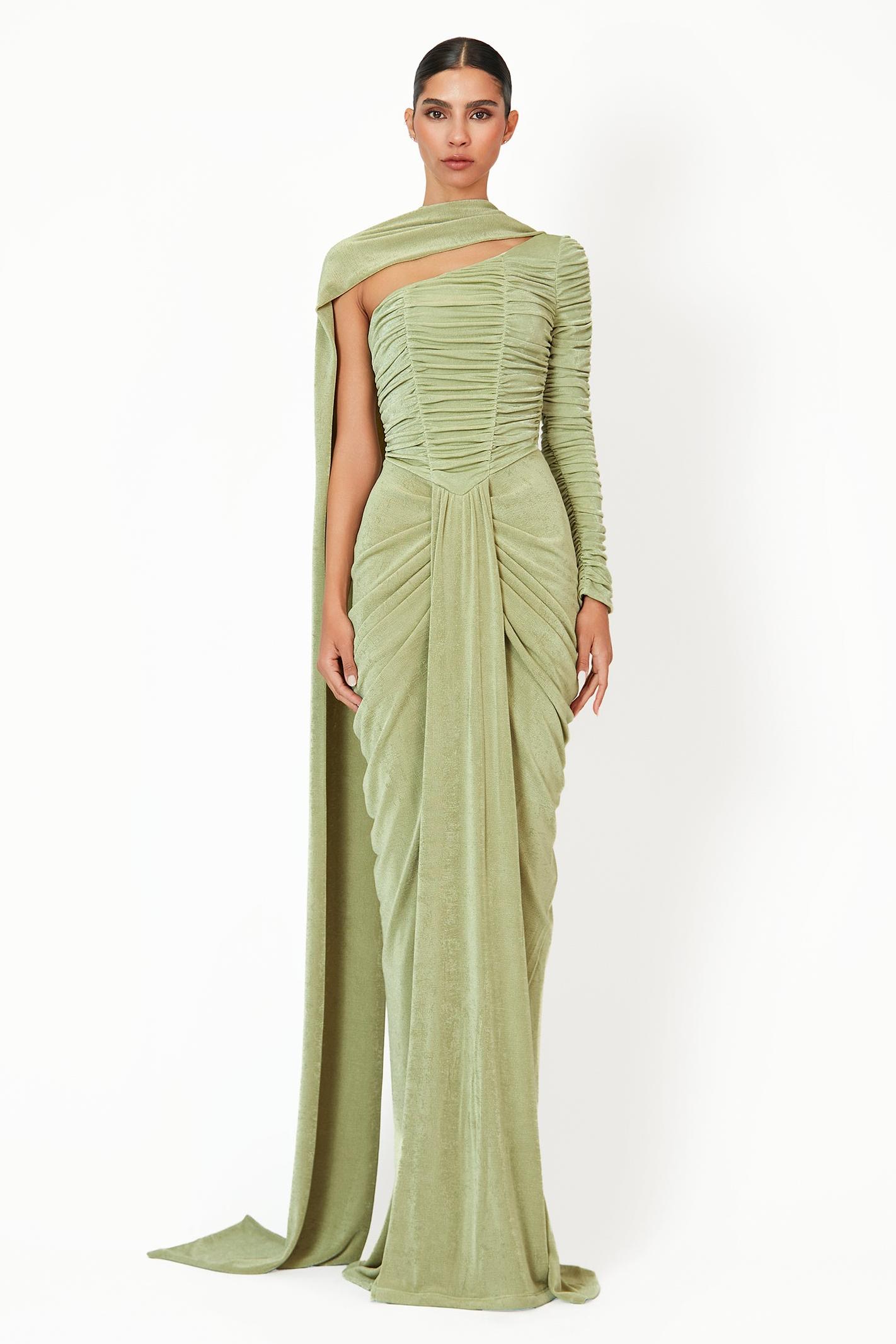 Asymmetrical Neck Gathering Solid Maxi Dress