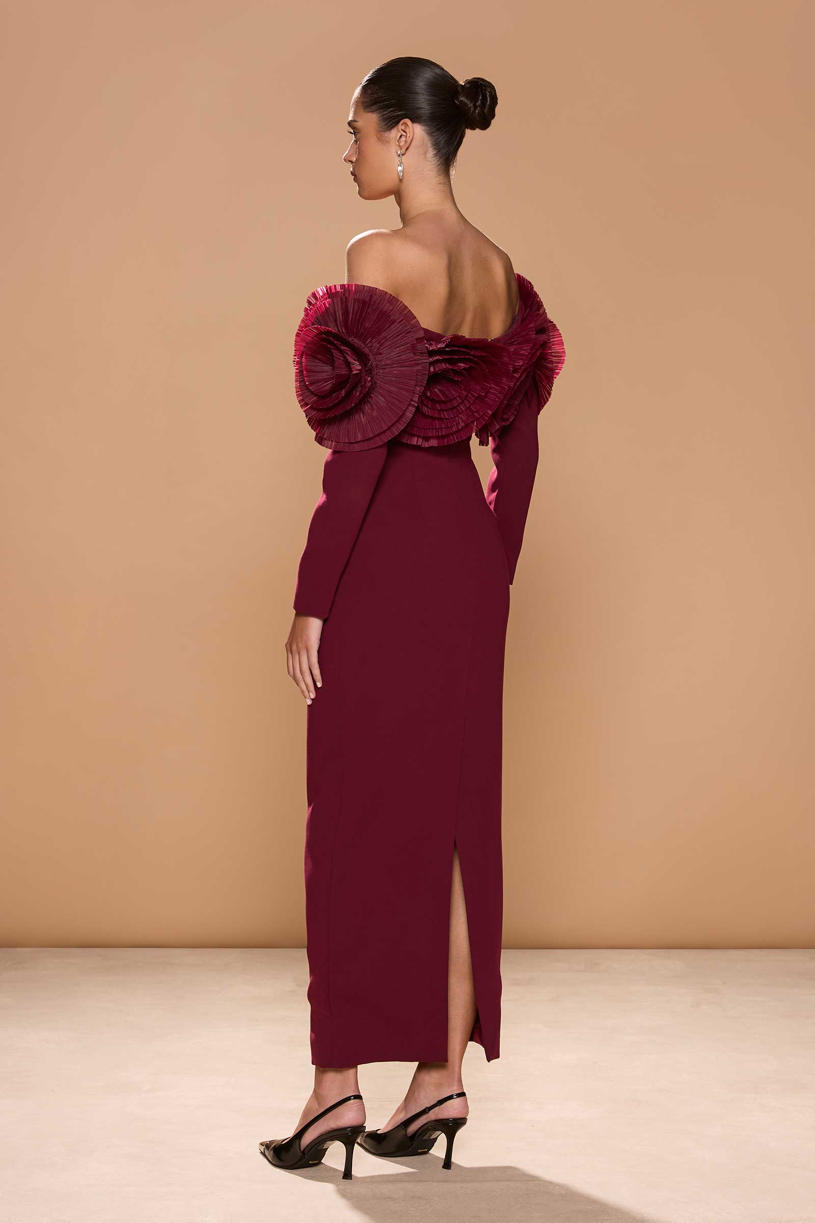3D Flower Pleat Off-Shoulder Midi Dress