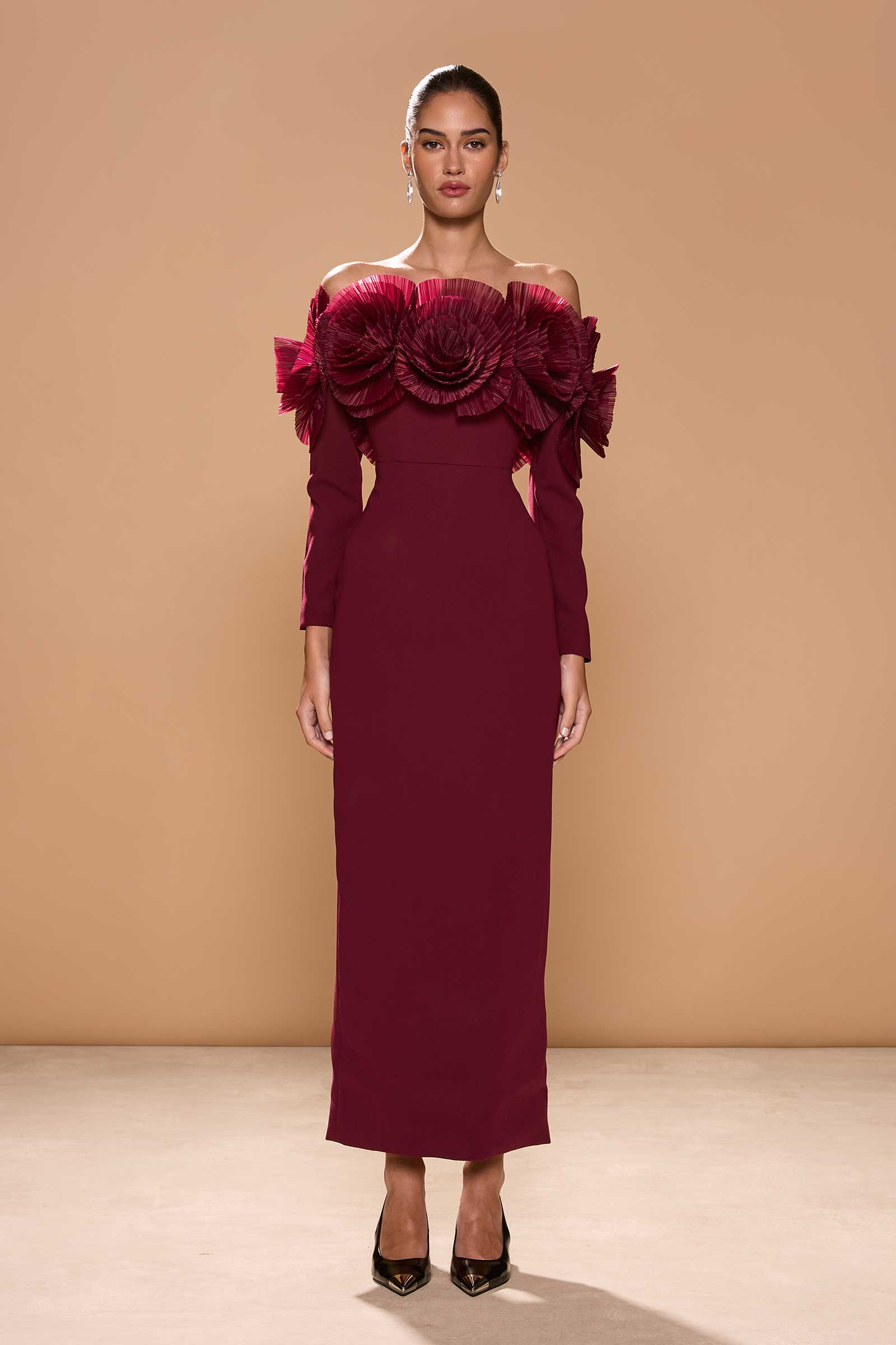 3D Flower Pleat Off-Shoulder Midi Dress
