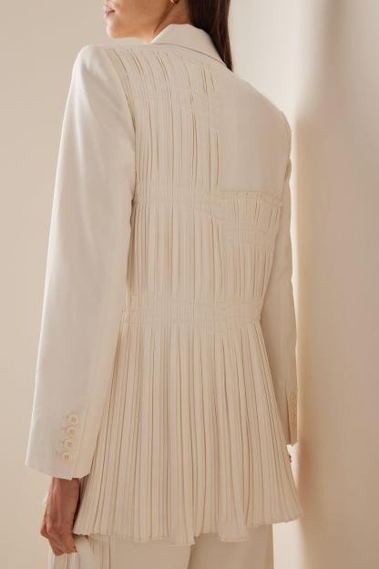 Pleat Solid Tailored Collar Blazer & High Waist Loose Pants Set