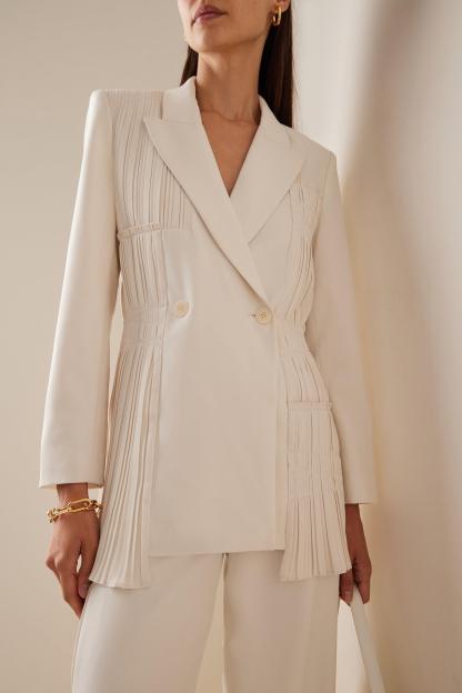 Pleat Solid Tailored Collar Blazer & High Waist Loose Pants Set