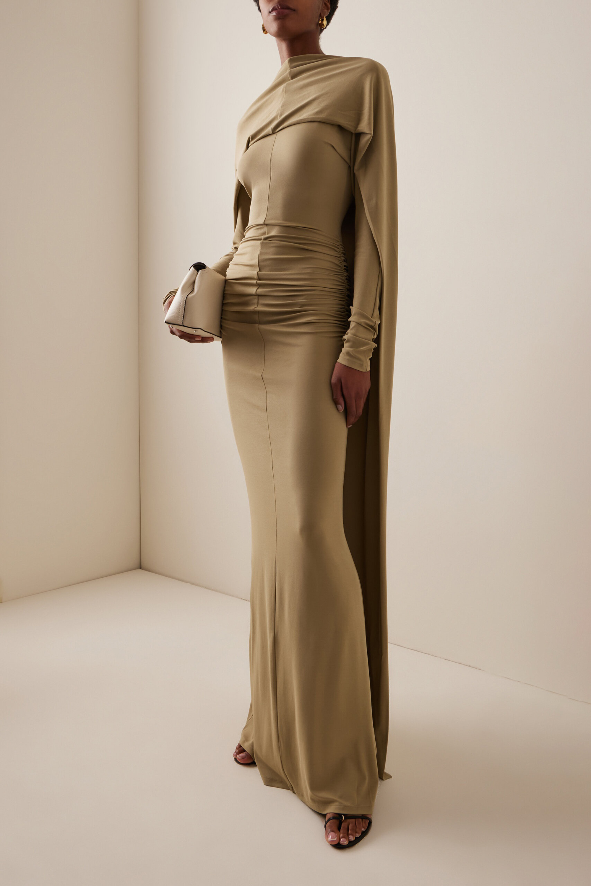 Jersey Solid Long Sleeve Maxi Dress With Cape