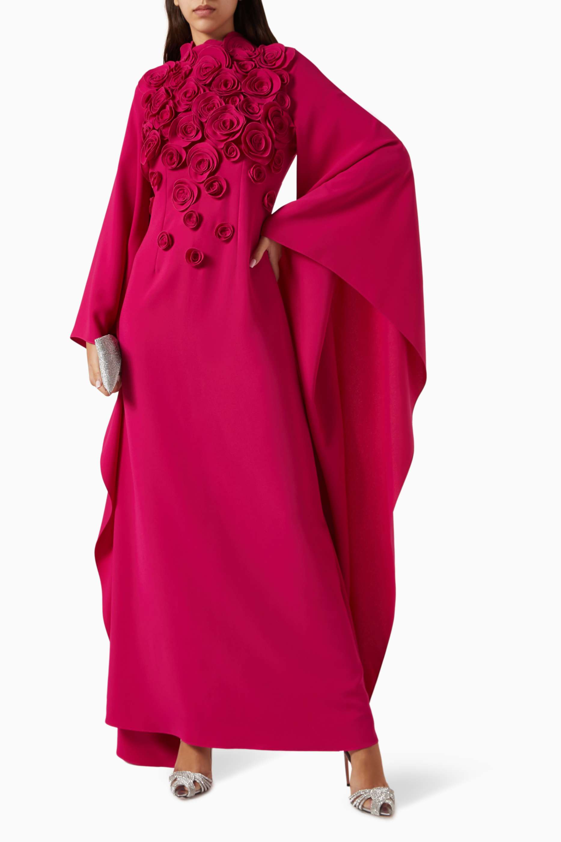 3D Flower Solid Bell Sleeve Maxi Dress