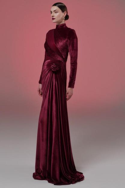 Velvet 3D Flower Ruched Maxi Dress