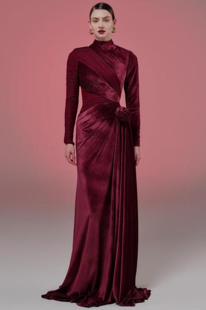 Velvet 3D Flower Ruched Maxi Dress