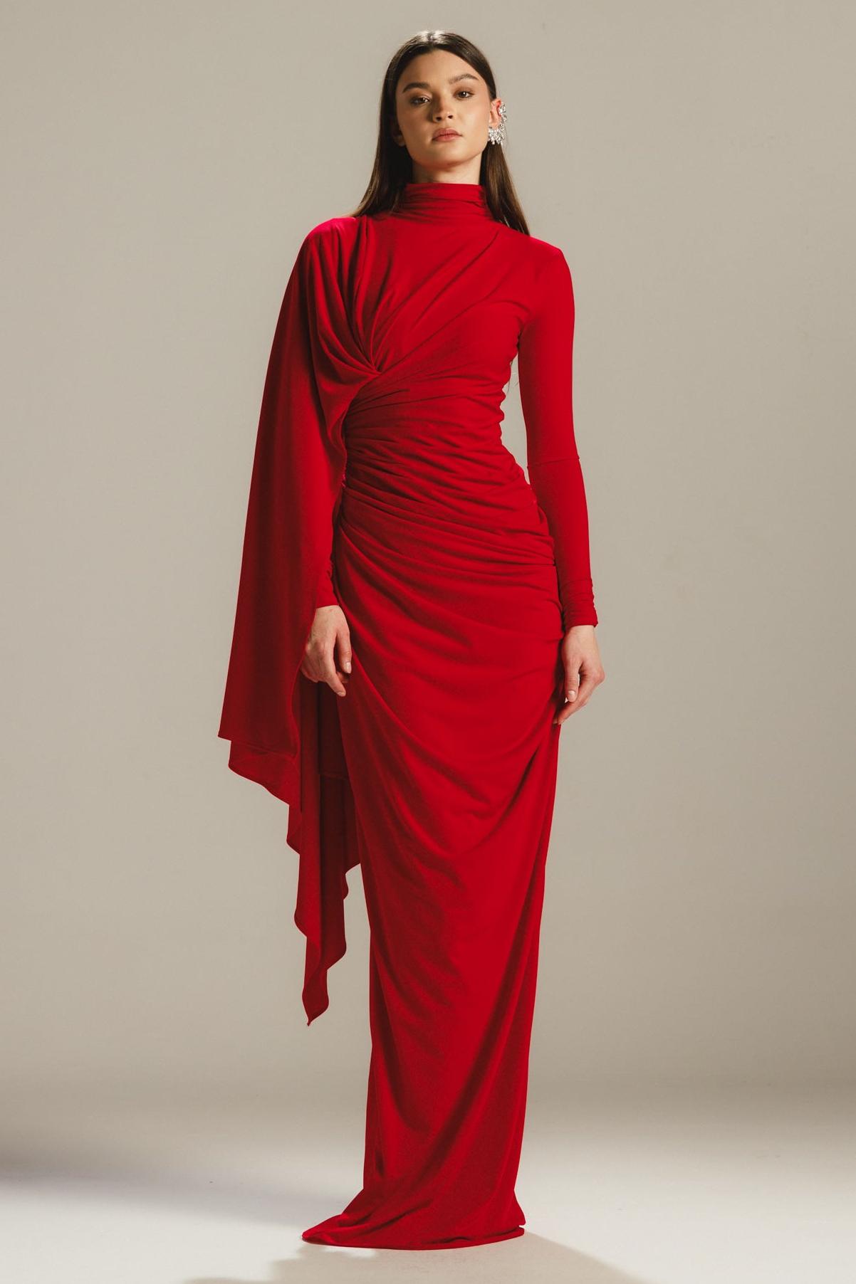Jersey Gathering Cape Sleeve Maxi Dress