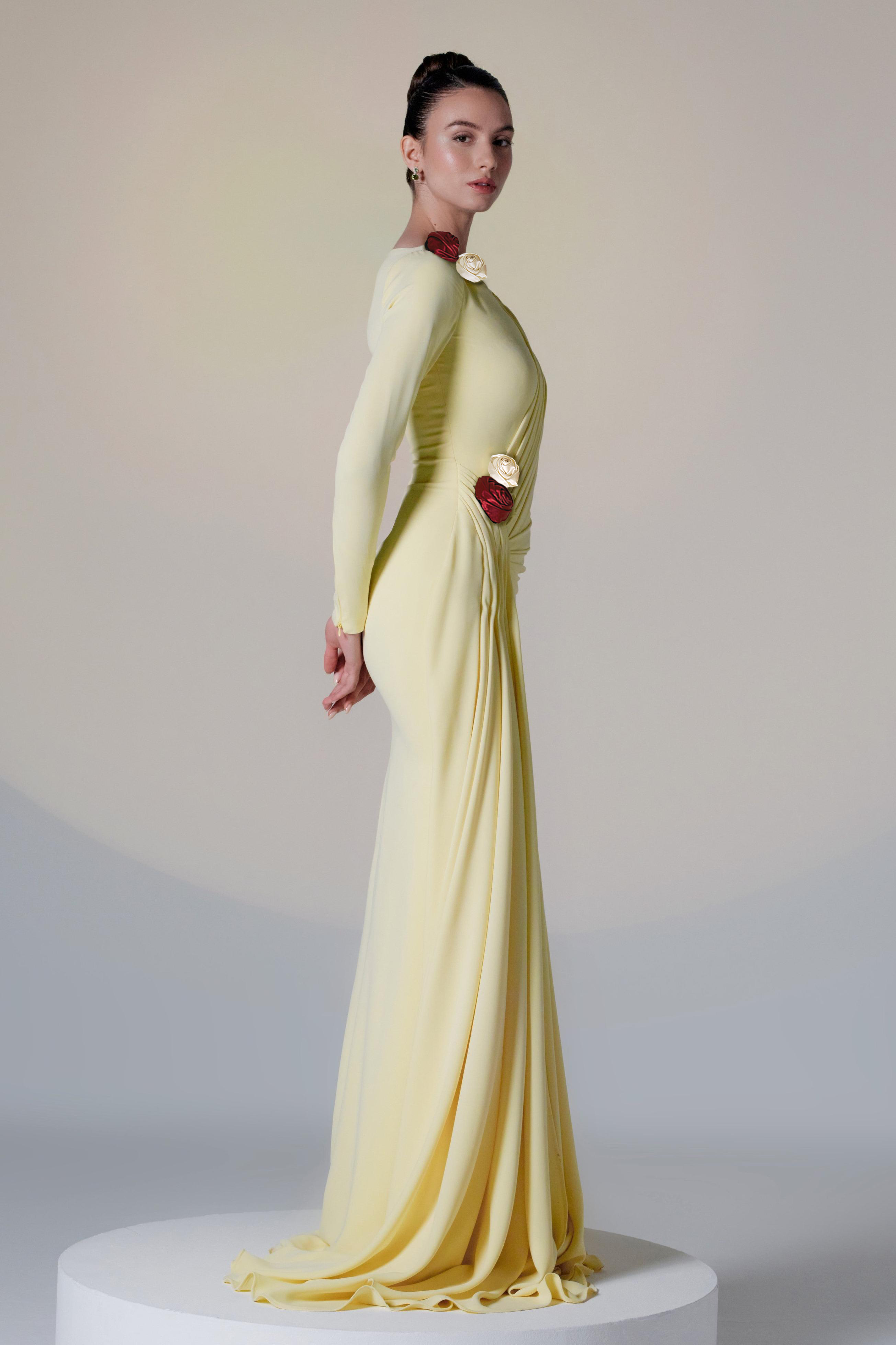 3D Flower Gathering Long Sleeve Maxi Dress