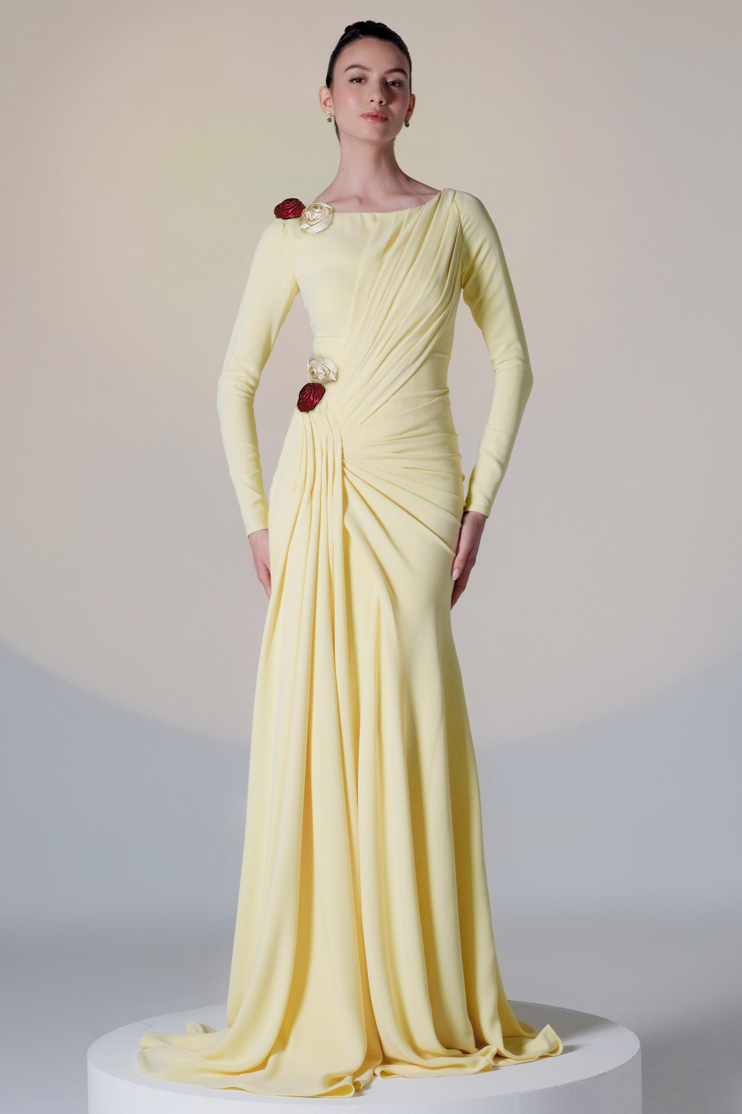 3D Flower Gathering Long Sleeve Maxi Dress