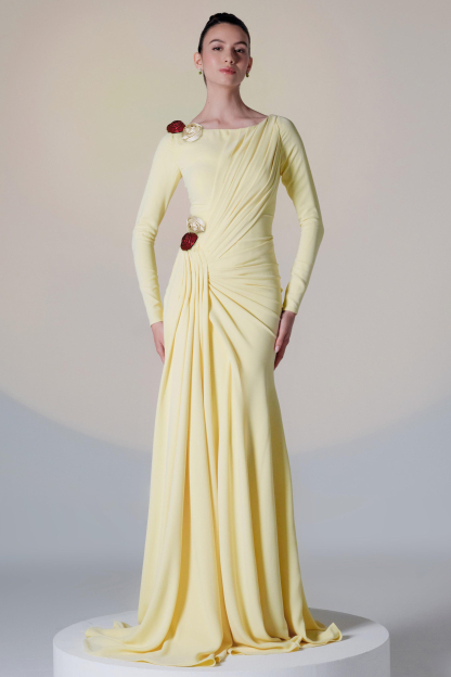 3D Flower Gathering Long Sleeve Maxi Dress