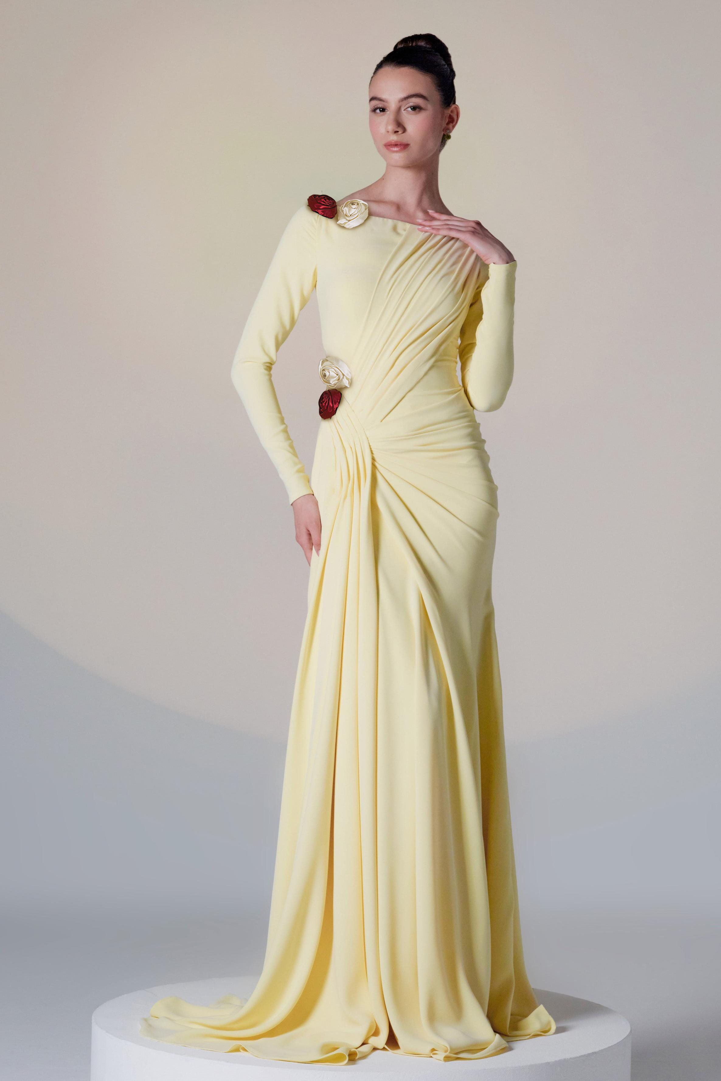 3D Flower Gathering Long Sleeve Maxi Dress